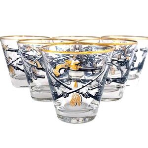 Vintage MCM 50’s Wild West Black White Gold Old Fashioned Libbey  Glasses